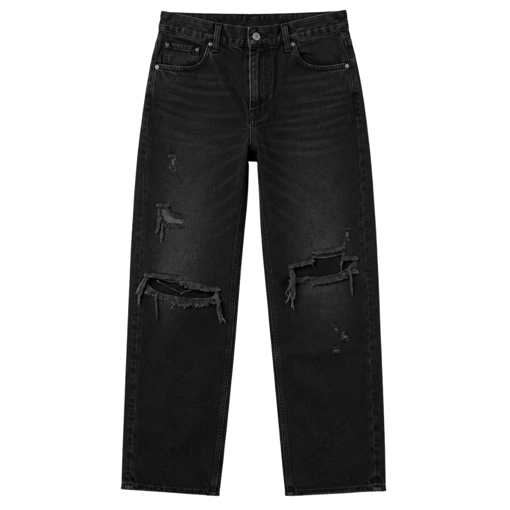 Distressed Relaxed Fit Denim Jeans – Washed Black | Aphinkan
