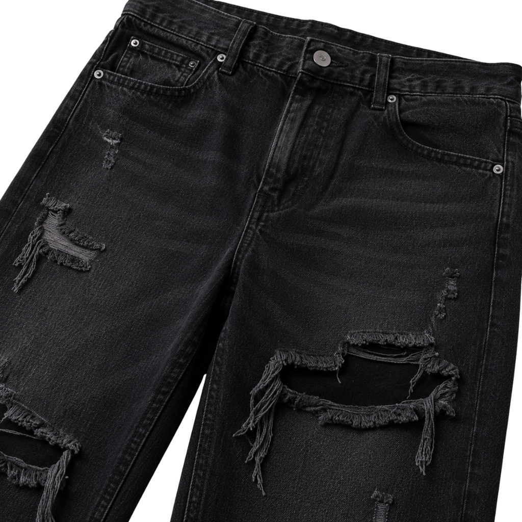 Distressed Relaxed Fit Denim Jeans – Washed Black | Aphinkan