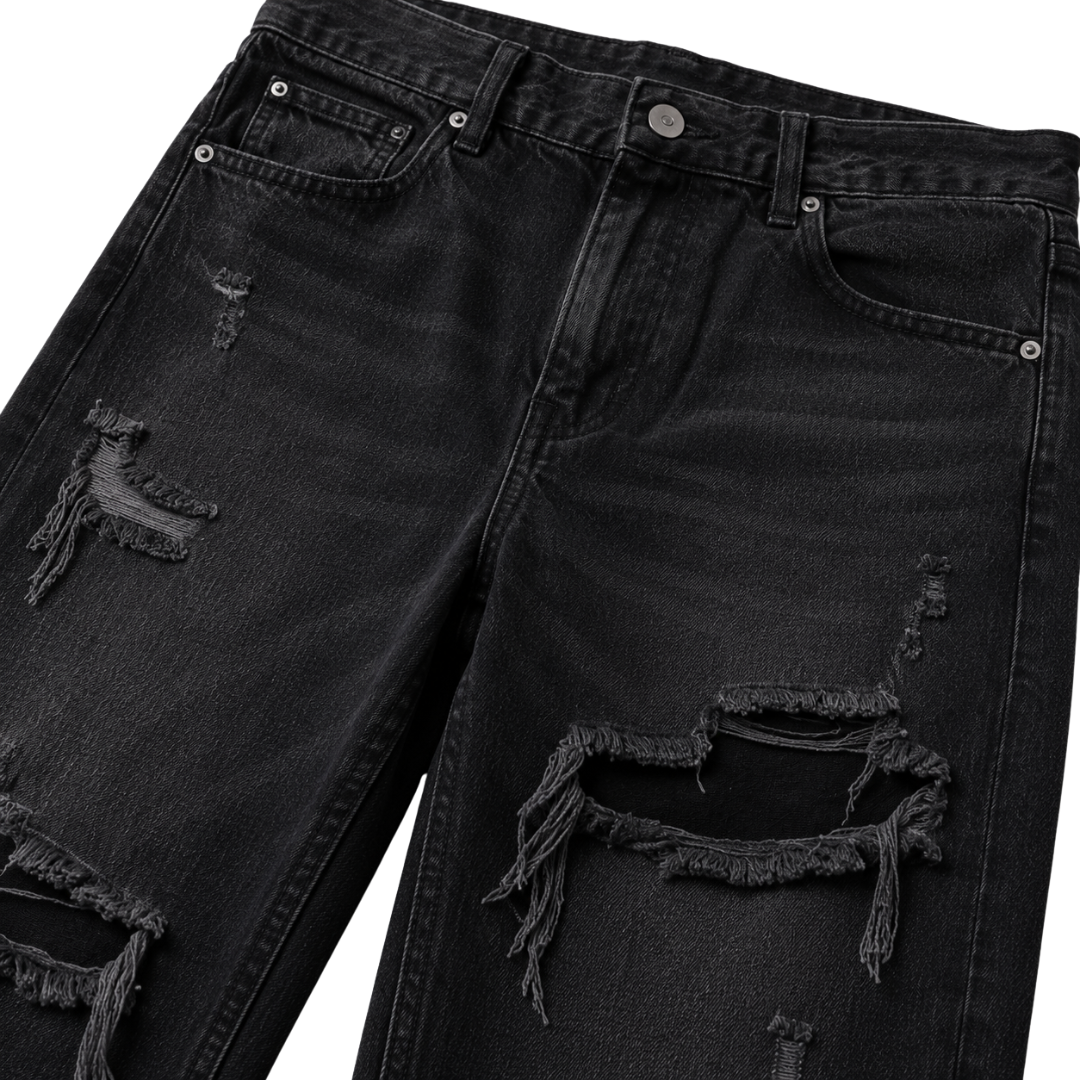 Distressed Relaxed Fit Denim Jeans – Washed Black | Aphinkan