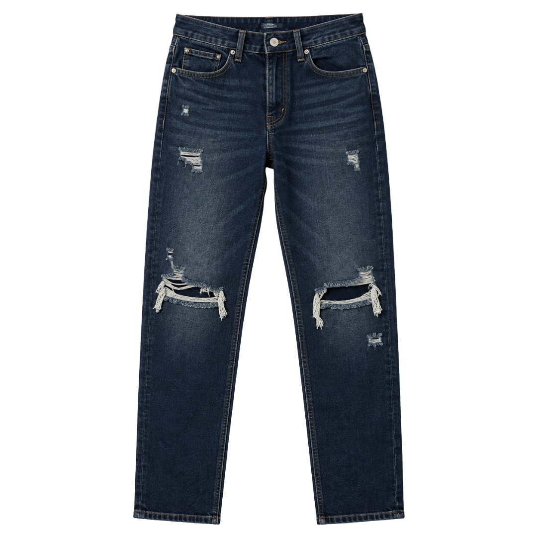 Distressed Straight Fit Denim Jeans – Dark Indigo | Aphinkan
