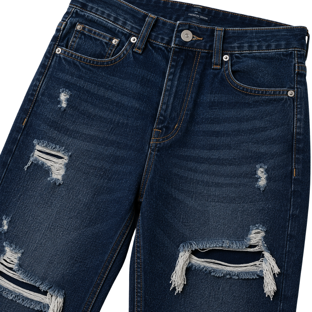 Distressed Straight Fit Denim Jeans – Dark Indigo | Aphinkan