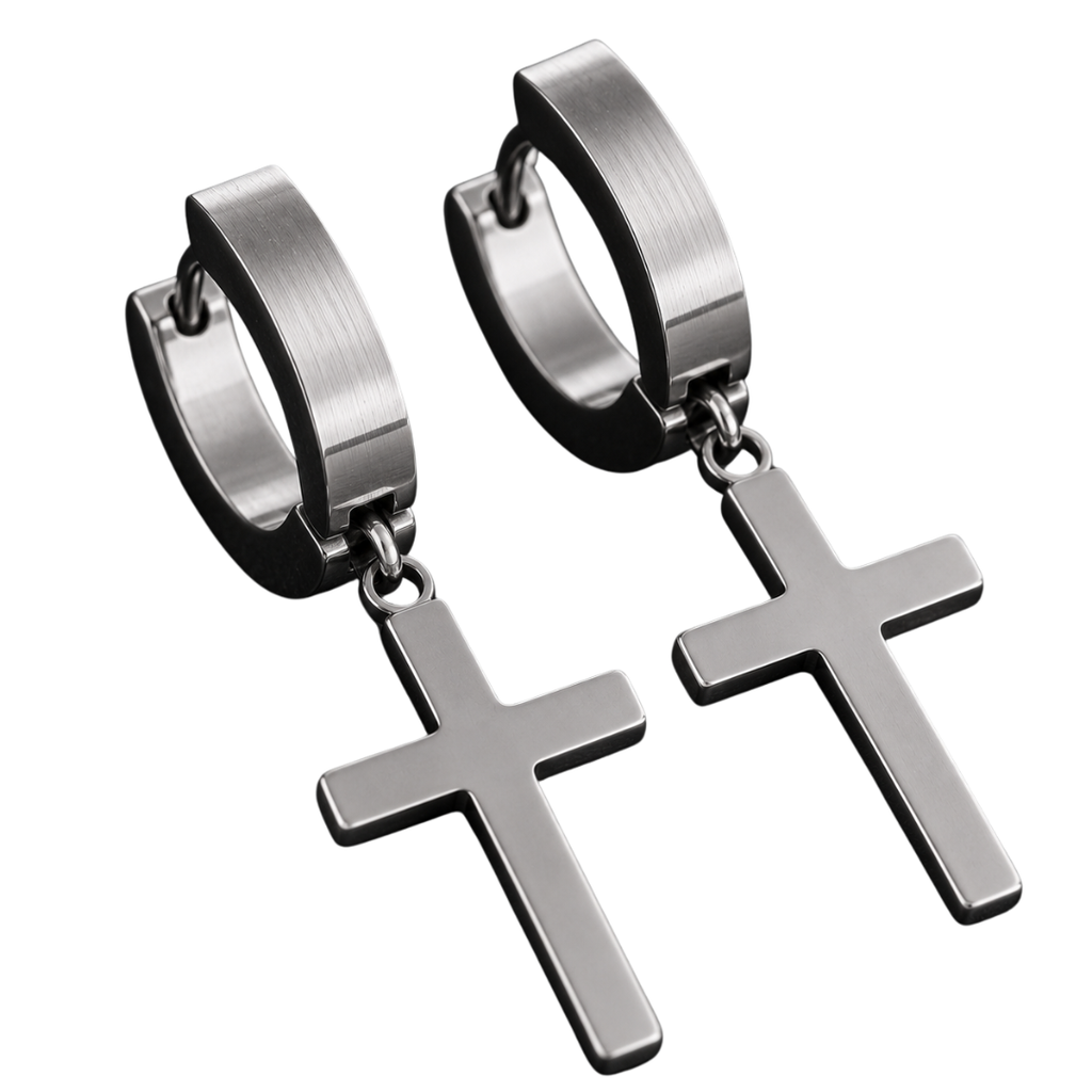 Stainless Steel Cross Drop Earrings – Silver | Aphinkan